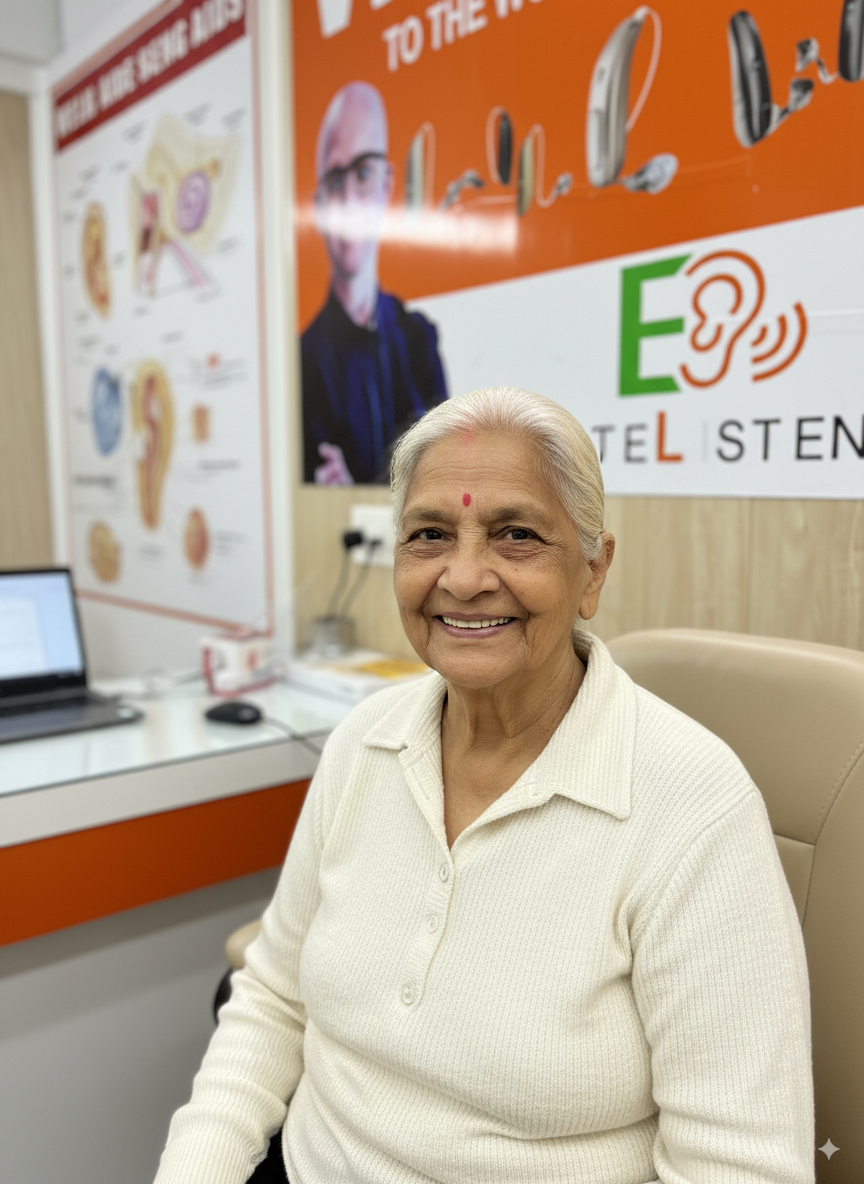 A smiling, satisfied customer enjoying clear hearing with a modern hearing aid.